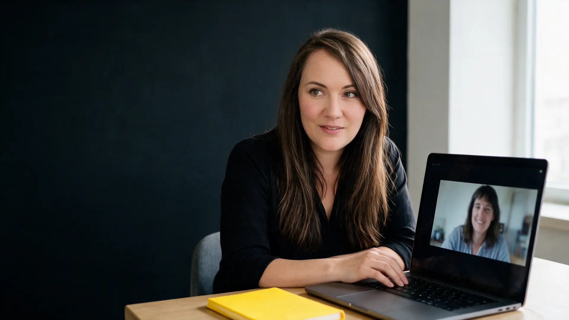 Lucie Dhorne en séance de coaching individuel à distance, devant son ordinateur