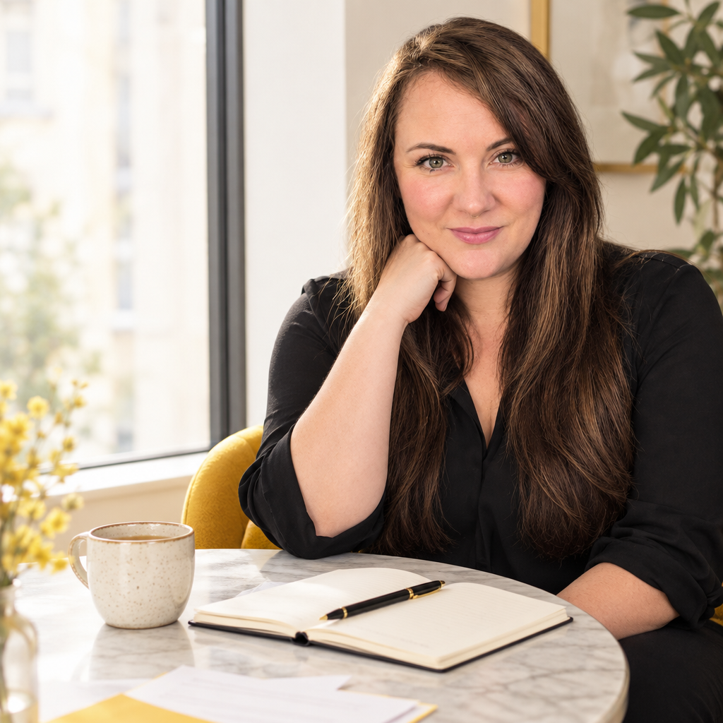 Lucie Dhorne assise à une table près d’une fenêtre, carnet ouvert